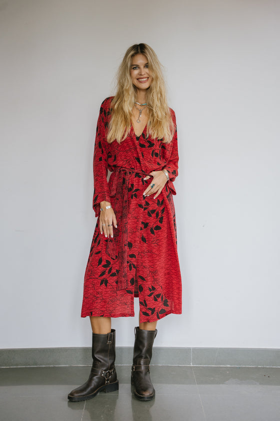 Long Jacket With Belt - Cherry